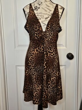 NWOT Leopard Print Chemise Nightie Size L Twist Pleat Plunge Neckline Lace Back